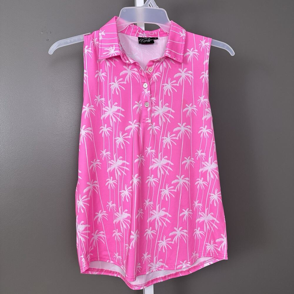 Sunday Swagger Womens Medium Sleeveless Golf Polo Tank Top Hot Pink Palm Trees